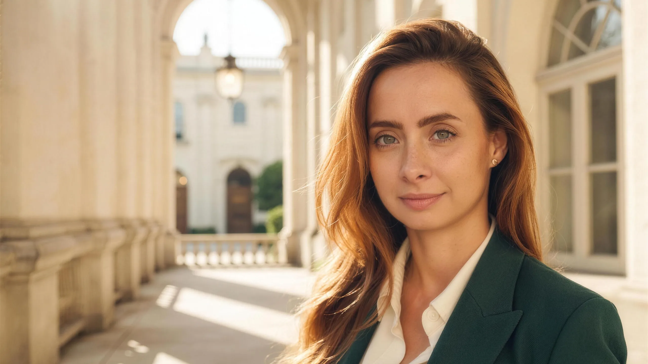 Adwokat Zuzanna Rączkowiak-Dobrowolska w arkadach gmachu sądu