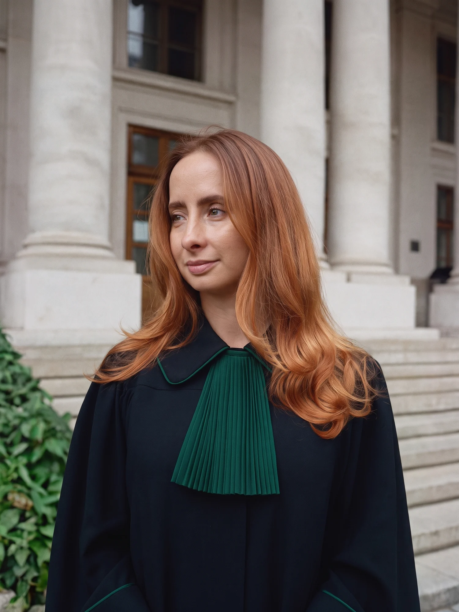 Adwokat Zuzanna Rączkowiak-Dobrowolska w todze przed budynkiem sądu